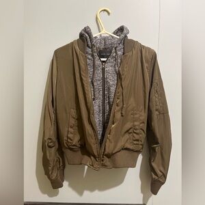 Love Tree Olive Bomber Jacket with Knit Hood- Size Small
